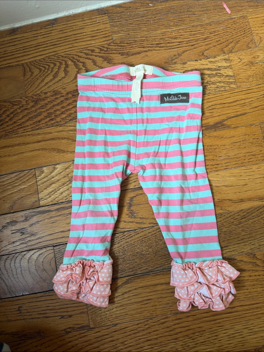 Matilda Jane Coral Pink & Mint Striped Ruffle Capris